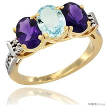 Size 8 - 10K Yellow Gold Natural Aquamarine &amp; Amethyst Sides Ring 3-Stone Oval  - £471.53 GBP