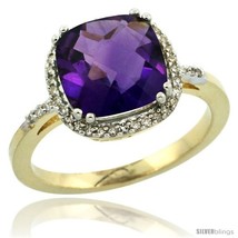 Size 9 - 10k Yellow Gold Diamond Amethyst Ring 3 ct Cushion Cut 9x9 mm, 1/2 in  - £411.63 GBP