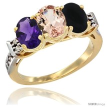 Size 5 - 10K Yellow Gold Natural Amethyst, Morganite &amp; Black Onyx Ring 3-Stone  - £454.32 GBP