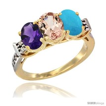 Size 6 - 10K Yellow Gold Natural Amethyst, Morganite &amp; Turquoise Ring 3-Stone  - $602.41