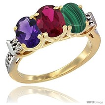 Size 5.5 - 10K Yellow Gold Natural Amethyst, Ruby &amp; Malachite Ring 3-Stone Oval  - £445.12 GBP