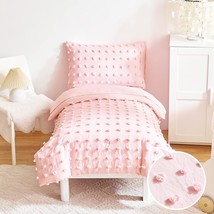 4 Pieces Tufted Dots Toddler Bedding Set Solid Pink Jacquard Pom Pom Tufts, Soft - £43.14 GBP