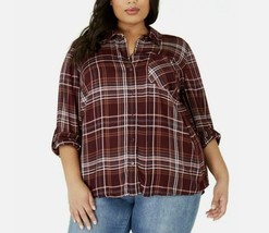 Style &amp; Co Womens Plus 2X Berry Plaid Roll Tab Sleeve Button Up Shirt NWT CL35 - £19.69 GBP