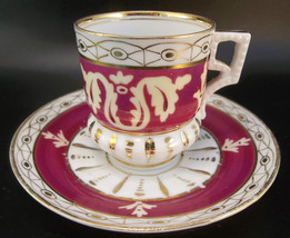 Antique Hand Painted Burgundy Demitasse Tea Cup Saucer Gilded Maroon Bon... - £27.69 GBP