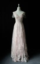 Rosyfancy Pale Pink Lace And Petal Applique V-neckline A-line Evening Dress - $195.00