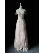 Rosyfancy Pale Pink Lace And Petal Applique V-neckline A-line Evening Dress - $195.00
