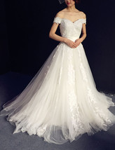 Rosyfancy Off Shoulder Lace Applique A-line Wedding Dress With Satin Sash - $275.00