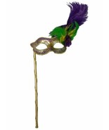 Gold, Silver Purple Glitter Flower Feather Stick Mask Masquerade Mask - £17.79 GBP
