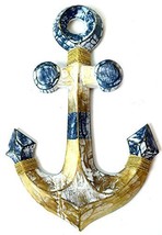 15" Blue And White Hand Carved Wood Ship Anchor Nautical Wall Decor - $22.71