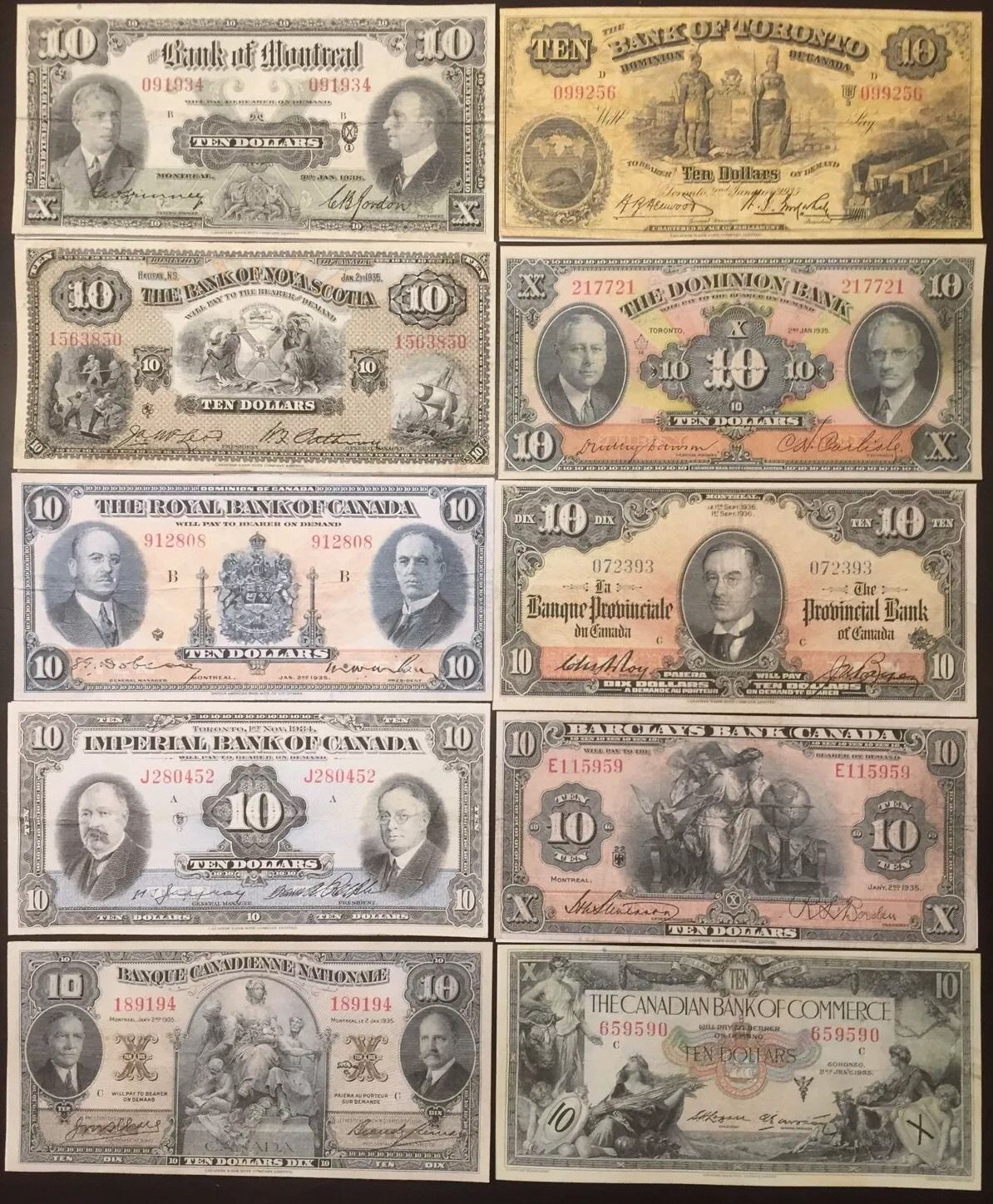 Reproduction Copies 10 Different Chartered Banknotes 1934-1938 Montreal Toronto+ - $29.99
