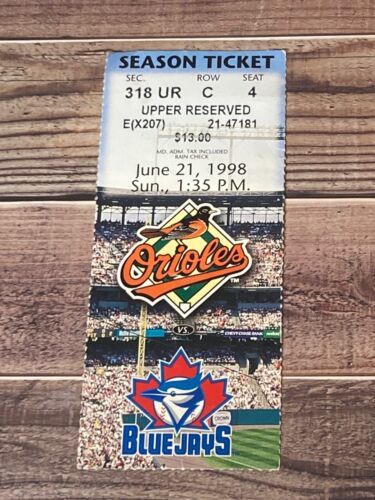 Primary image for 6/21/1998 Toronto Blue Jays Baltimore Orioles Full Ticket Stub Harold Baines HR