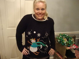 Ugly Tacky Christmas x mas Snowman Snowflake Navy Blue Sweater M - £30.18 GBP