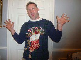 Ugly Tacky Christmas x mas Santa Claus sleigh Reindeer STOCKING Sweater L - $39.54
