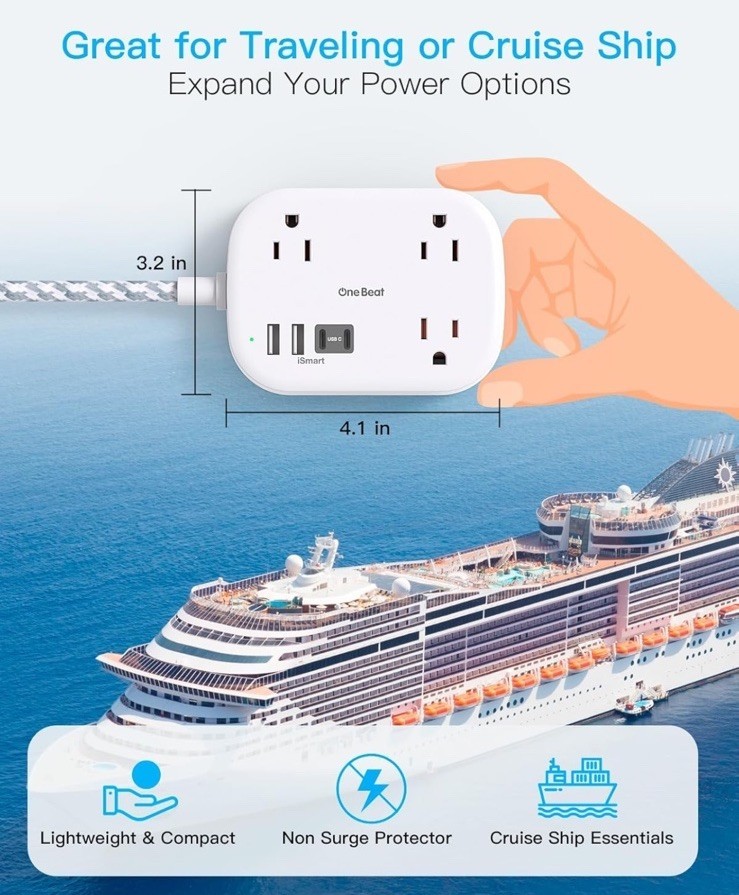 Cruise Essentials 2025,One Beat Travel Power Strip with USB 5 Ft, White  Item image 4