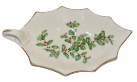 Vtg Lenox Holiday Holly Leaf Berries Dish Gold Trim Curved Handle 10&quot; X 5&quot; - £14.73 GBP