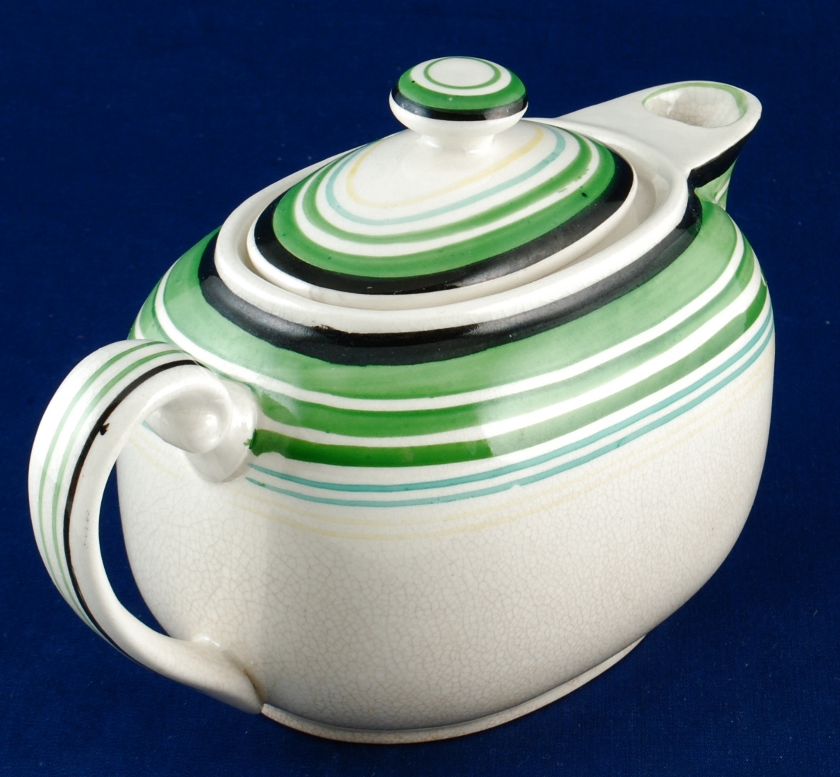Japan 2-1/2 Cup Teapot w Hand Painted Green, Black & Yellow Bands Vintage  Item image 2