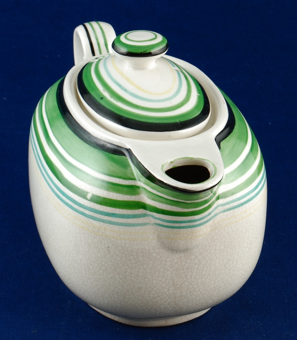 Japan 2-1/2 Cup Teapot w Hand Painted Green, Black & Yellow Bands Vintage  Item image 3