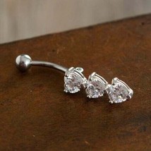 1Ct Heart Three Simulated Diamond Belly Button Ring 14K White Gold Plated - $65.53