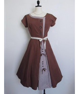 Vintage 50s Fit Flare Dress Brown White &amp; Brown Stripe Asymmetrical Deta... - $122.04 CAD