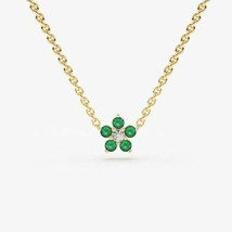 0.18Ct Round Cut Emerald &amp; Diamond 14K Yellow Gold Over Flower Pendant Necklace - £51.19 GBP