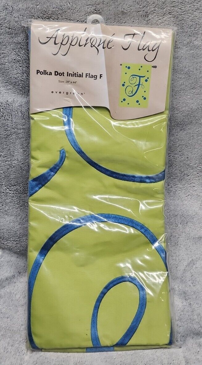 Evergreen Brand Yard Flag INITIAL "F"  Green & Blue  Polka Dot  Size 28"× 44" - $9.49