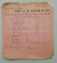 1887 antique RECEIPT J.H. KRUM lebanon pa EDWIN LIGHT dry goods notions ... - $38.56