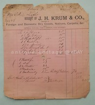 1887 antique RECEIPT J.H. KRUM lebanon pa EDWIN LIGHT dry goods notions ... - £30.71 GBP