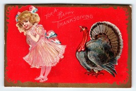 Thanksgiving Postcard Girl Pink Dress Turkey Vintage Greetings Series 6 Embossed - £8.98 GBP