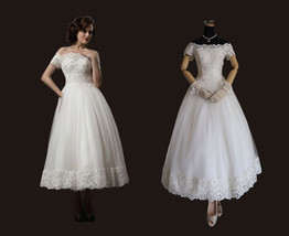 Rosyfancy Elegant Off Shoulder Short Sleeves Lace Tea Lenght Wedding Dress - £139.88 GBP