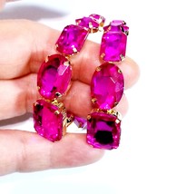 Hot Pink Chandelier Earrings, Rhinestone Crystal 2.2 inch Hoops, Pageant Bridal  - £30.67 GBP