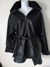 LEATHER LIMITED Women&#39;s Size M Zip Black Leather Belted Jacket Faux Fur ... - $34.31
