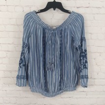 Xhilaration Top Womens Large Blue Striped Floral Embroidered Off the Shoulder - £17.20 GBP