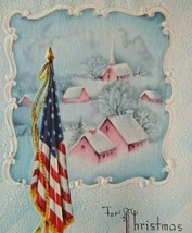 Mid Century Christmas Greeting Card American Flag Pink Houses Church Vintage - £7.46 GBP