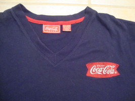 Coca Cola Sewn Logo soda pop navy blue V Neck T Shirt 26W 28W - $18.75