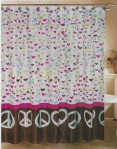 Hearts &amp; Piece Signs Fabric Shower Curtain 12 matching Piece Hook Set - £15.38 GBP