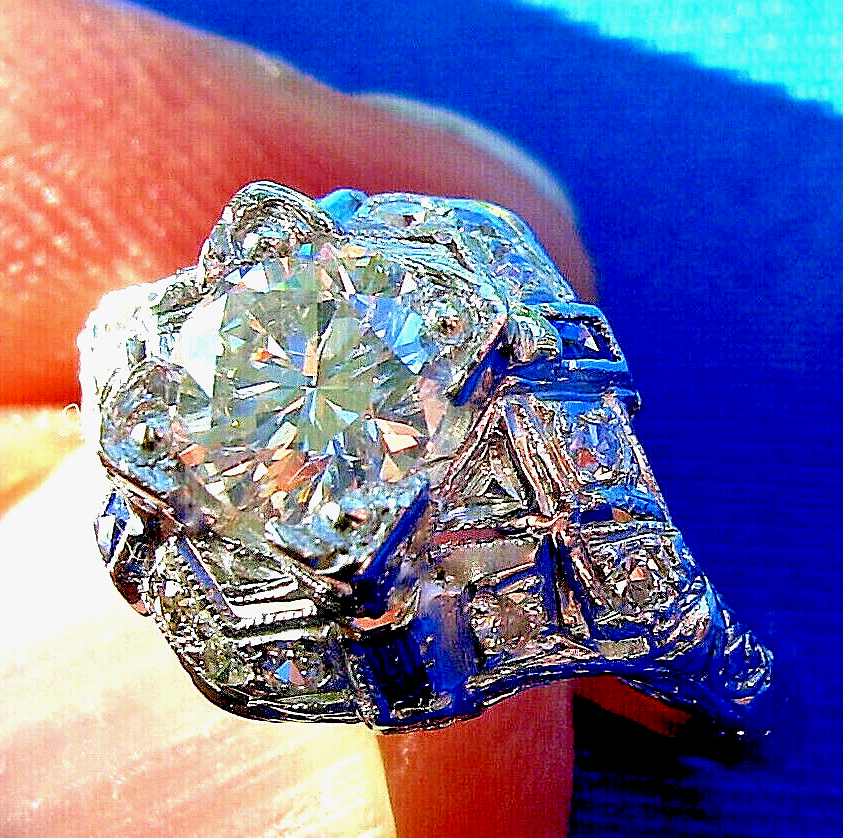 Earth mined Diamond Sapphire Deco Engagement Ring 1ct Vintage Platinum Statement Item image 5