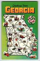Postcard Greetings From Georgia Map Chrome Cherokee Rose State Flower Un... - $11.88