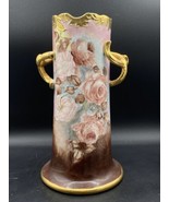 Antique 12” Vase Large Porcelain Floral Pink &amp; Brown Hand painted Edith ... - $115.82