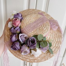 Handmade Purple Rose Straw Hat Strap Pastoral Retro Sunshade Hat - £24.24 GBP