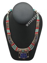 Ethnic Tribal Lapis, Red Coral &amp; Green Turquoise Inlay Statement Necklace, NPL14 - £26.58 GBP