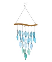 Leaf Wind Chime Stained Glass 27.6&quot; High Blue Green Hanging Accents Spri... - £32.00 GBP