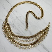 Chunky Faux Pearl Beaded Gold Tone Metal Chain Link Belt Size XS Small S - £23.32 GBP