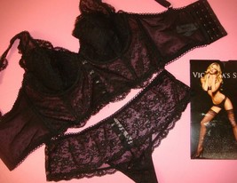 Victoria&#39;s Secret longline 34D BRA SET M thong+thigh high stockings Black lace - £62.56 GBP