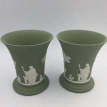 Pair of Wedgwood Sage Green Jasperware Vase, White Relief Sacrifice Design, 3.75 - $89.95