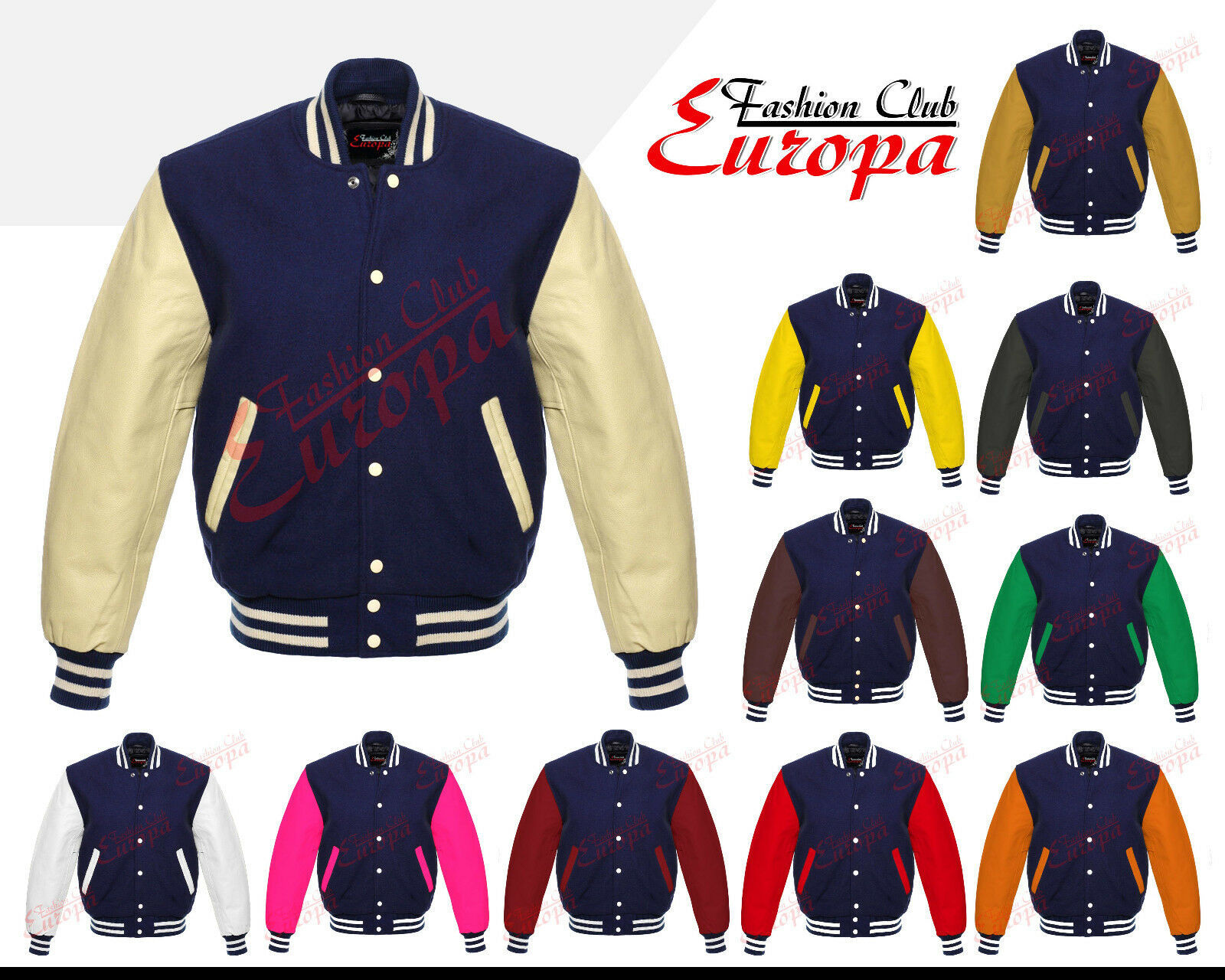 Navy Blue Varsity Letterman Wool Jacket with  Real Leather Sleeves XS-4XL