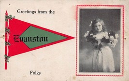 Evanston WYOMING~GREETINGS-YOUNG Girl With FLOWERS~1913 Pennant Postcard - £6.53 GBP