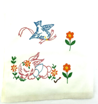 Bunny Rabbit and Bird Embroidery Panel Vintage1950s Style Hand Painted A... - $13.59