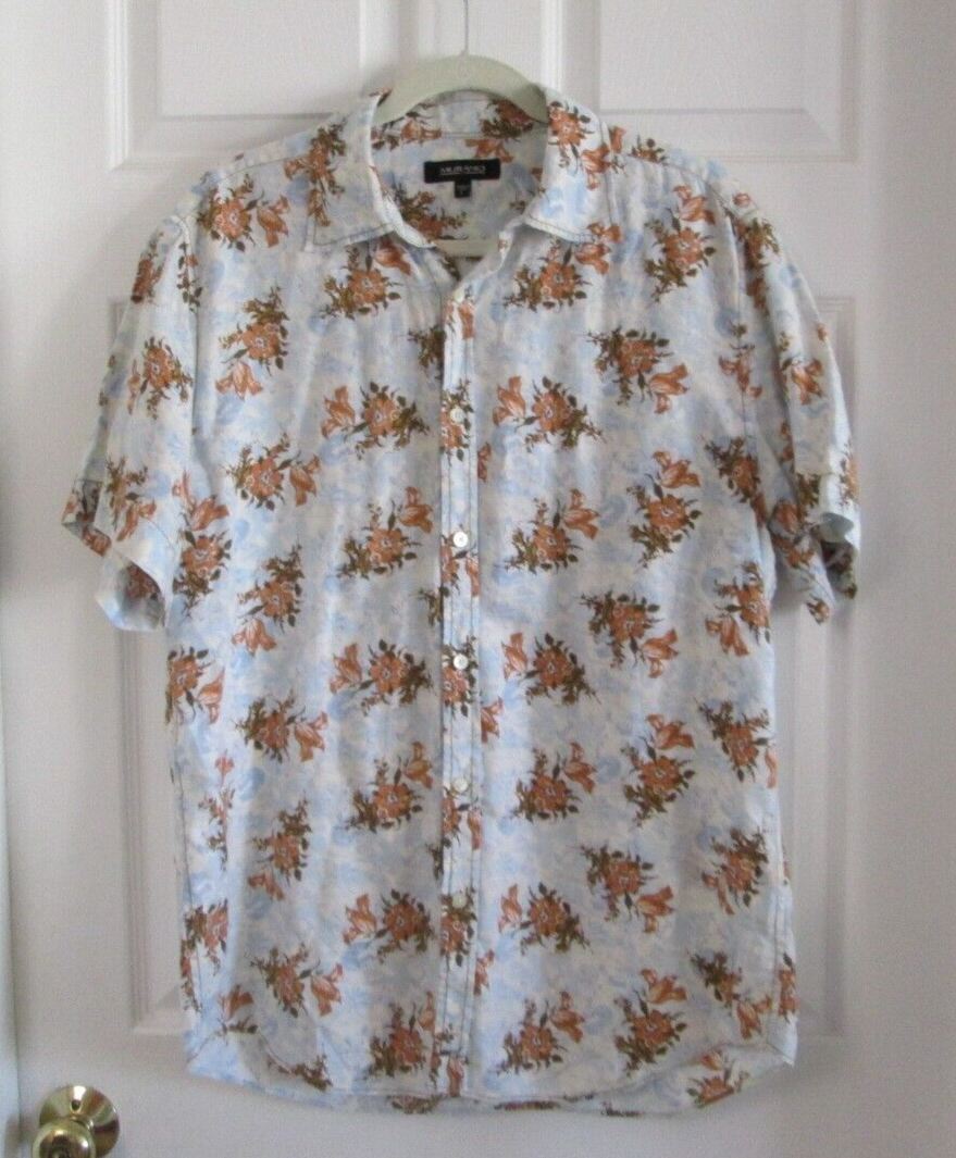Primary image for MURANO Men's Linen Blue Short Sleeve Hawaiian Tropical Floral Beach Shirt (LG)