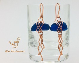 Handmade Earrings Criss Cross Copper Wrapped Cobalt Blue Sea Glass Jellyfish - £26.37 GBP