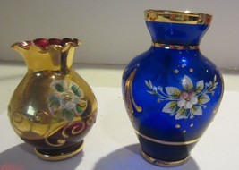 Vintage Czech Bohemian  Cobalt Blue / Red Italian gold gilded and painted vases - £56.46 GBP
